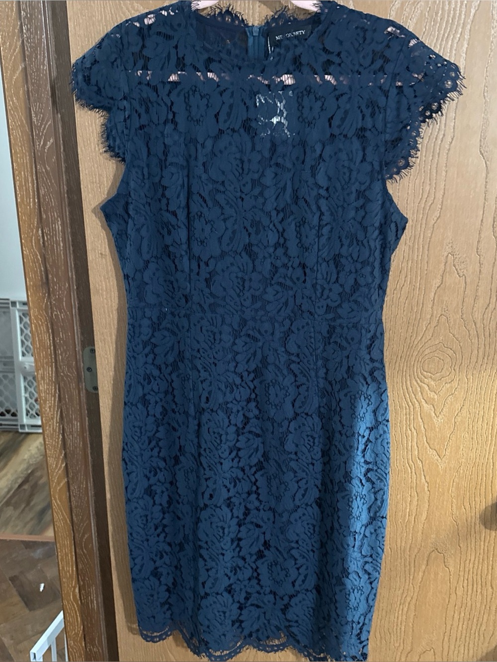 Merokeety Navy Blue Lace Overlay Sheath Dress Elegant Cap Sleeves Size Large